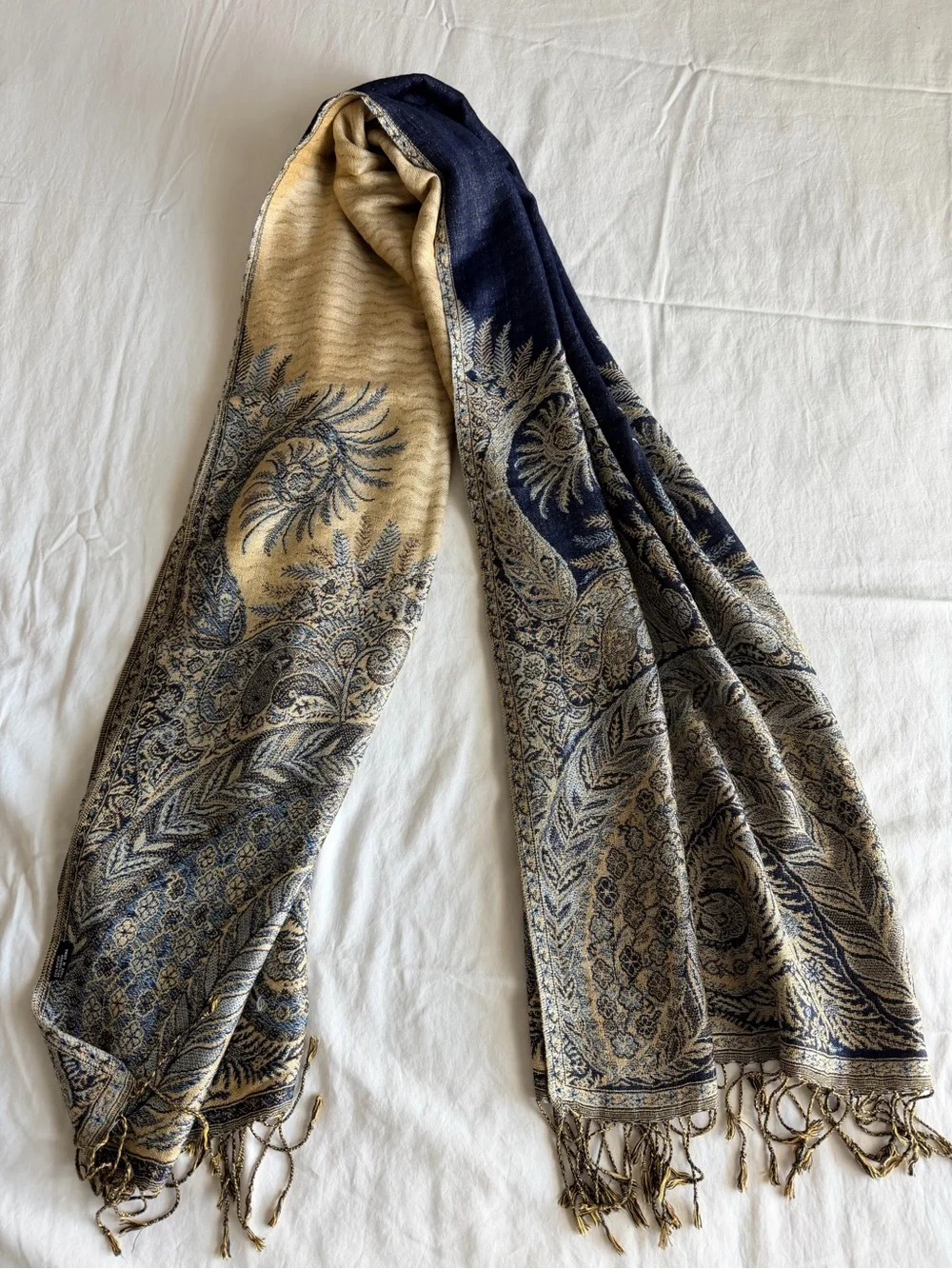 Navy and Gold Paisley Fringed Wrap